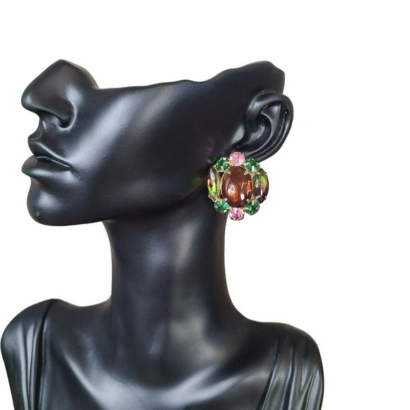 Vintage Jewel Tone 1" Beaded Cluster Clip On Mixed Stone Rhinestone Earrings - Picture 1 of 6